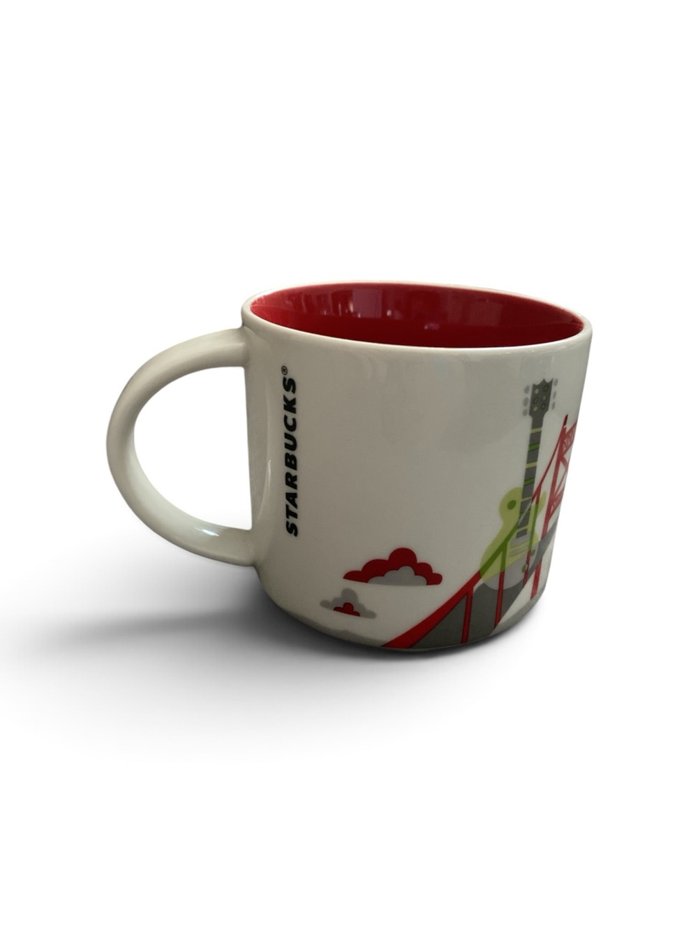 Starbucks White Ceramic Mug with Red Interior and Green Accent
